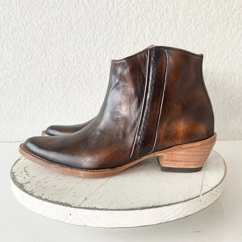 Womens Western Cowboy Ankle Boots 7.5 Brown Cowgirl Short Ankle Boot Pointed Toe